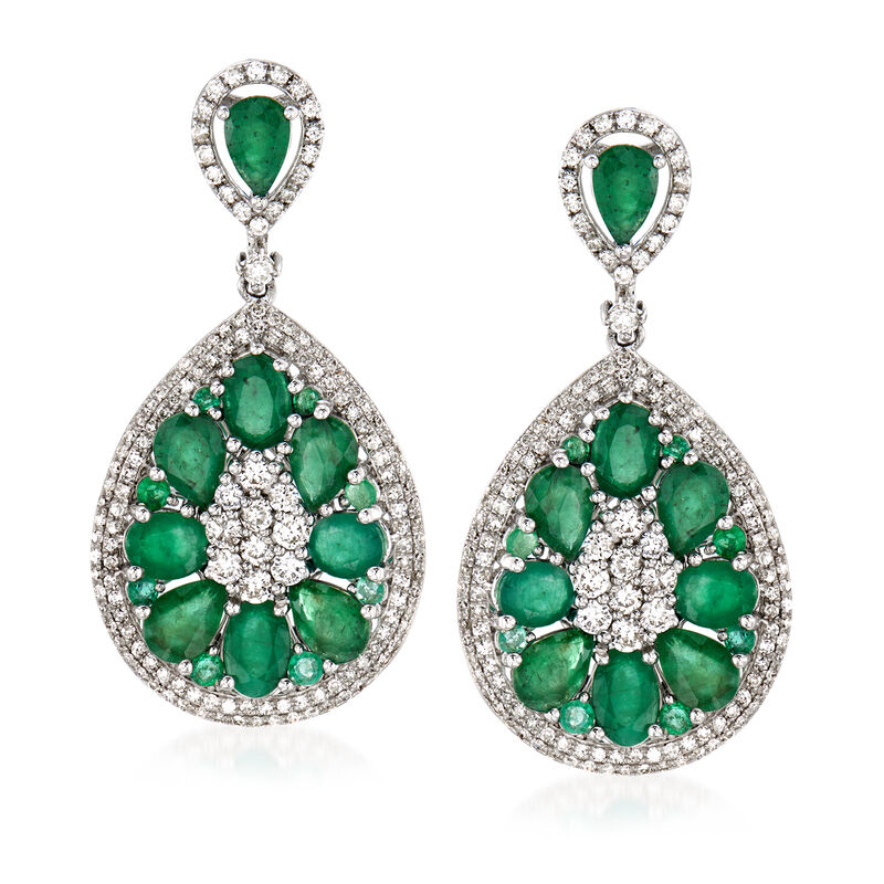 7.30 ct. t.w. Emerald and 1.65 ct. t.w. Diamond Drop Earrings in 18kt White Gold image number 0