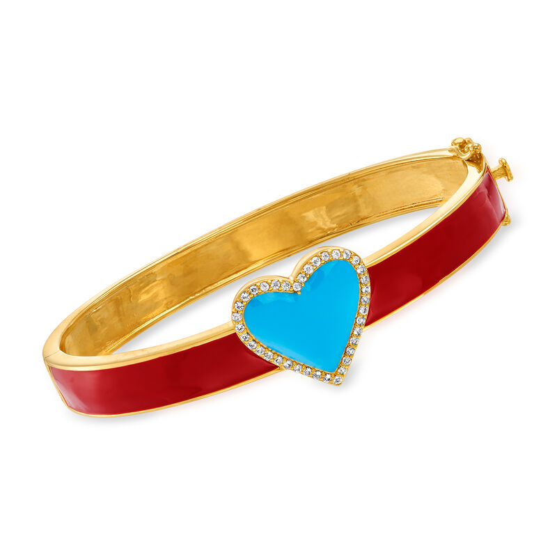 1.10 ct. t.w. White Topaz and Enamel Heart Bangle Bracelet in 18kt Gold Over Sterling Silver image number 0