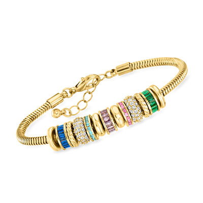 14kt Yellow Gold-Plated Bead Charm Bracelet with Simulated Multicolored Gemstones