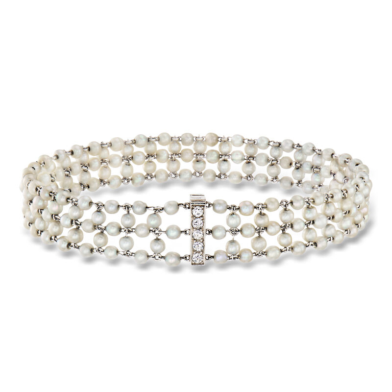 C. 1950 Vintage 2.5mm Cultured Pearl and .18 ct. t.w. Diamond Bracelet in 18kt White Gold. 7" image number 0