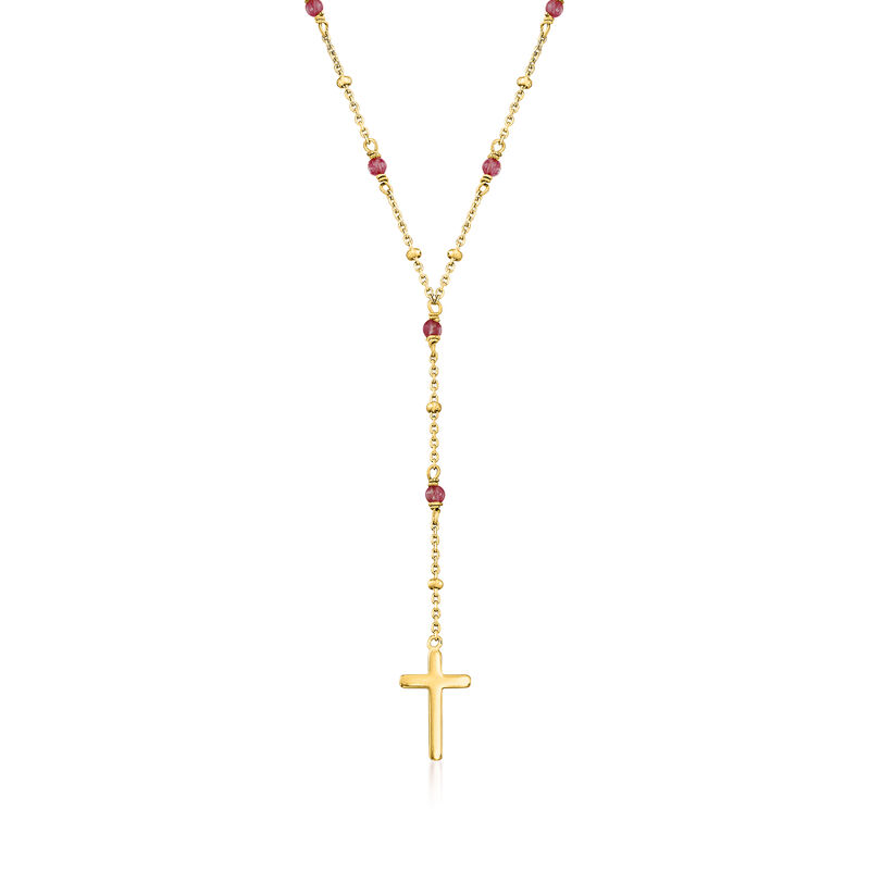 2.30 ct. t.w. Garnet Rosary Beads with Cross Necklace in 18kt Gold Over Sterling. 16&quot; image number 1