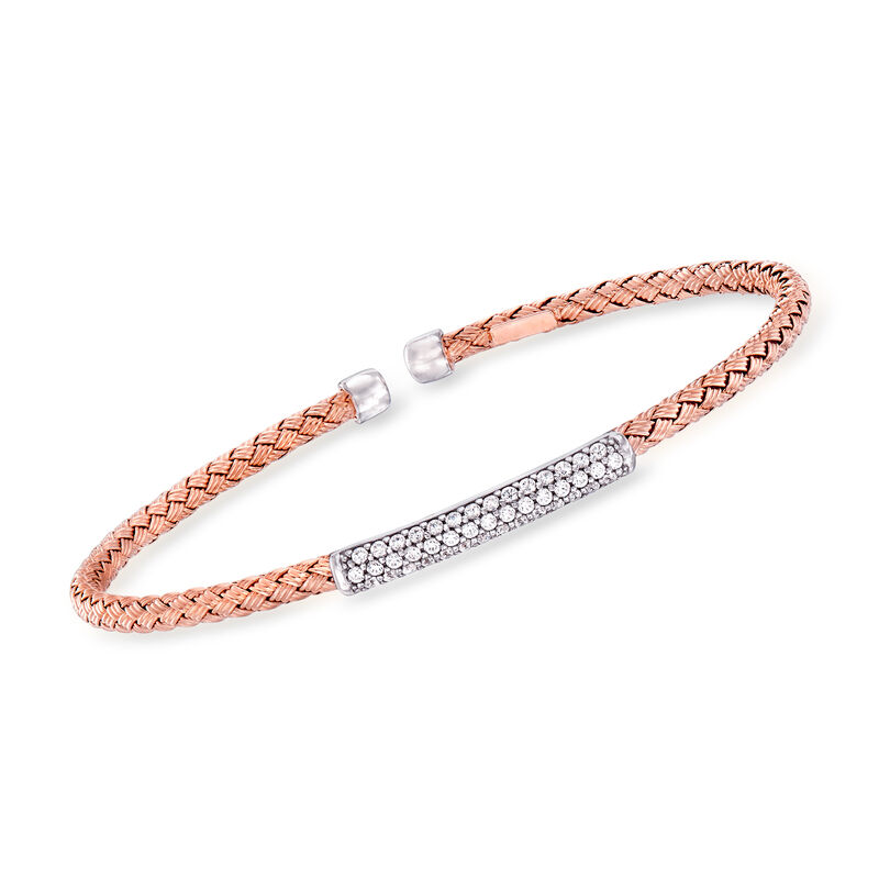 Italian .35 ct. t.w. Pave CZ Basketweave Cuff Bracelet in Sterling Silver and 18kt Rose Gold Over Sterling Silver. 7.5&quot; image number 0