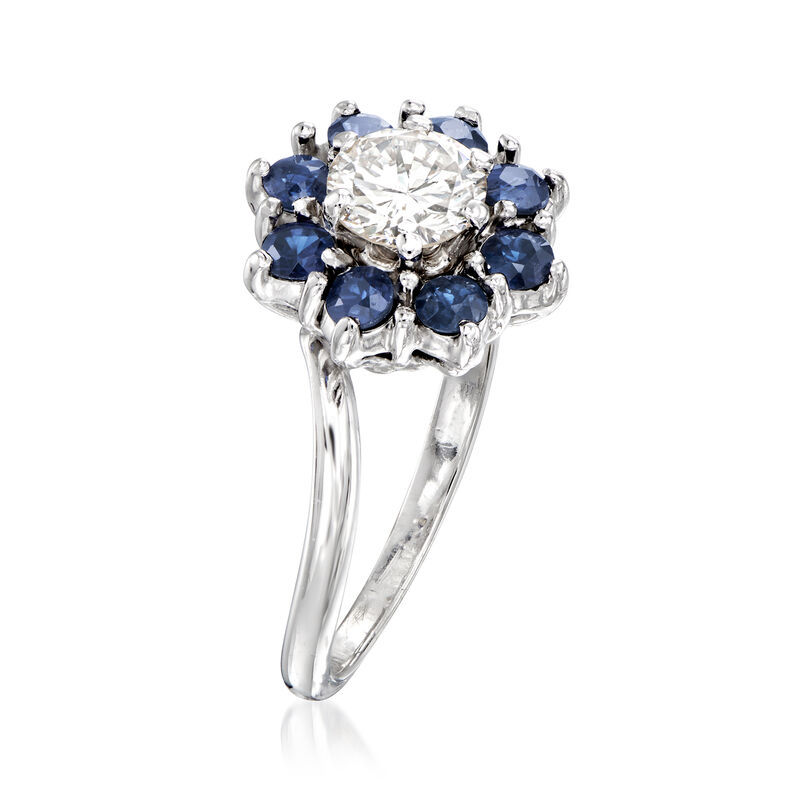 C. 1970 Vintage .75 Carat Diamond and .80 ct. t.w. Sapphire Flower Ring in 14kt White Gold. Size 5.5 image number 2