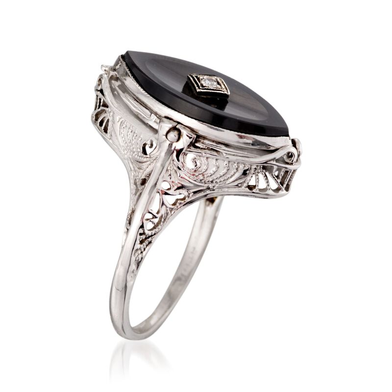 C. 1950 Vintage Black Onyx Ring With Carved Shell and Diamond Accents in 14kt White Gold. Size 6 image number 2