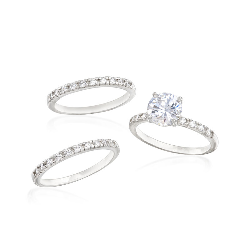 2.40 ct. t.w. CZ Bridal Set: Engagement and Two Wedding Rings in Sterling Silver image number 3