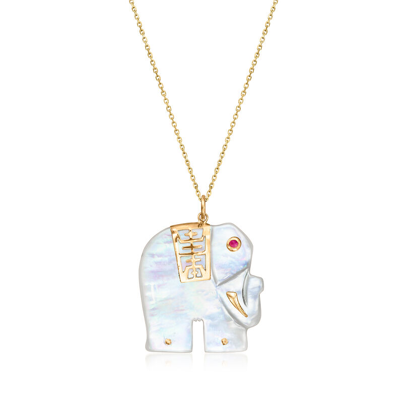 C. 1980 Vintage Mother-of-Pearl Elephant Pendant Necklace with Single Ruby in 14kt Yellow Gold. 18&quot; image number 0