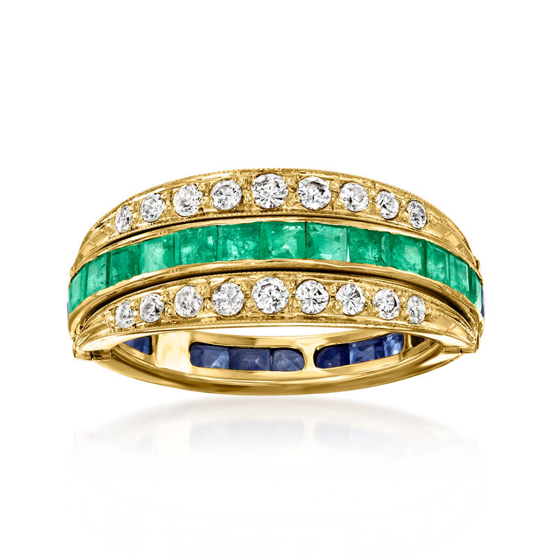 C. 1970 Vintage 1.20 ct. t.w. Sapphire and .85 ct. t.w. Emerald Flip Ring with .50 ct. t.w. Diamonds in 18kt Yellow Gold image number 3