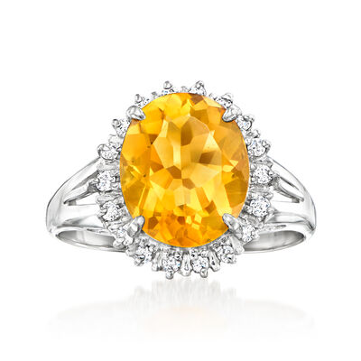 C. 1990 Vintage 3.20 Carat Citrine Ring with .18 ct. t.w. Diamonds in Platinum