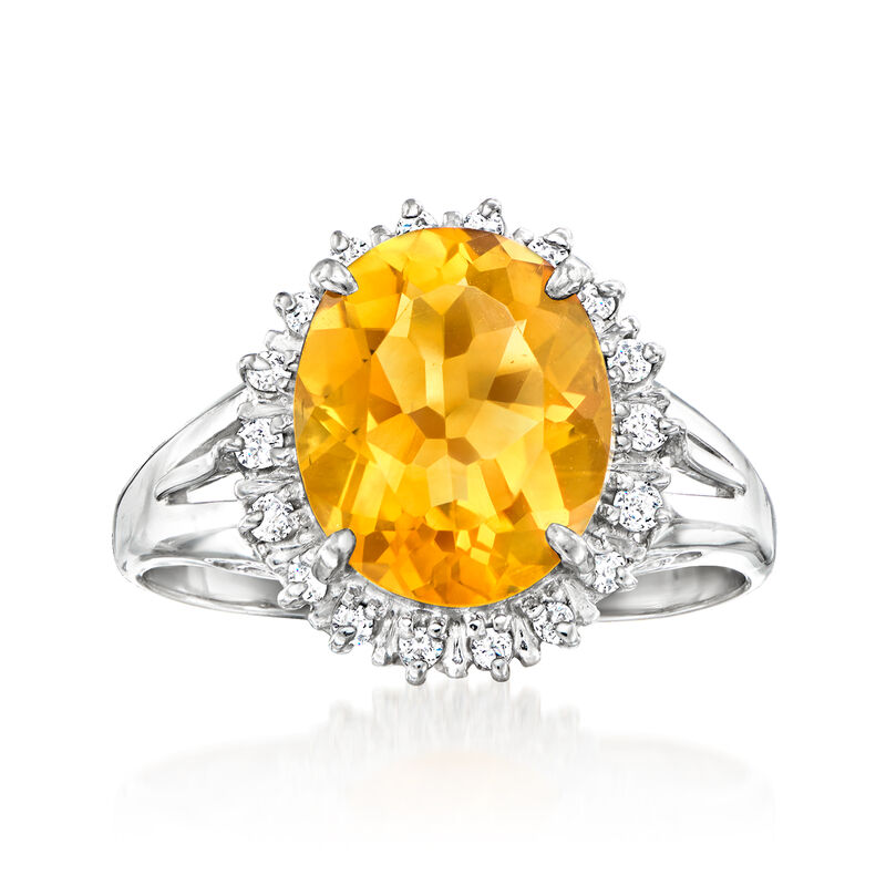 C. 1990 Vintage 3.20 Carat Citrine Ring with .18 ct. t.w. Diamonds in Platinum. Size 7