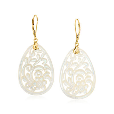 Carved Mother-of-Pearl Floral Drop Earrings with 14kt Yellow Gold