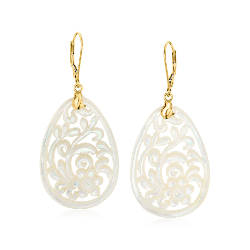 Carved Mother-of-Pearl Floral Drop Earrings with 14kt Yellow Gold  image number 0