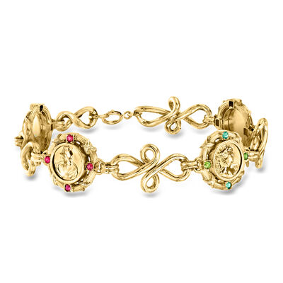 C. 1950 Vintage .16 ct. t.w. Emerald and .16 ct. t.w. Ruby Cameo-Style Bracelet in 18kt Yellow Gold
