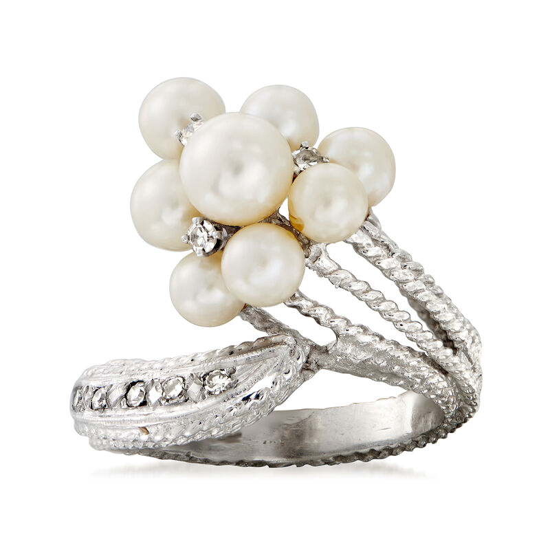 C. 1970 Vintage 4-6mm Cultured Pearl and .20 ct. t.w. Diamond Cluster Bypass Ring in 14kt White Gold. Size 7.5 image number 0