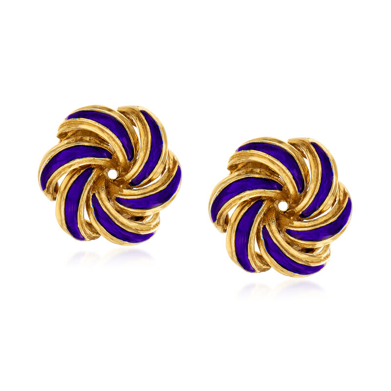 C. 1950 Vintage 18kt Yellow Gold and Blue Enamel Swirl Clip-On Earrings image number 0