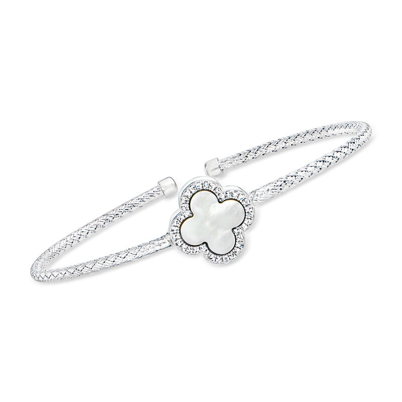 Charles Garnier &quot;Color Me&quot; Mother-of-Pearl Clover and .10 ct. t.w. CZ Cuff Bracelet in Sterling Silver. 7.5&quot; image number 0