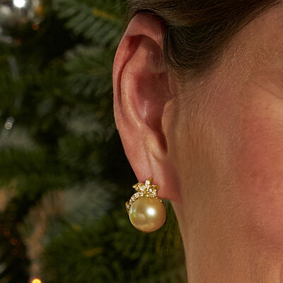 12-12.5mm Golden Cultured South Sea Pearl and .82 ct. t.w. Multicolored Diamond Earrings in 18kt Yellow Gold