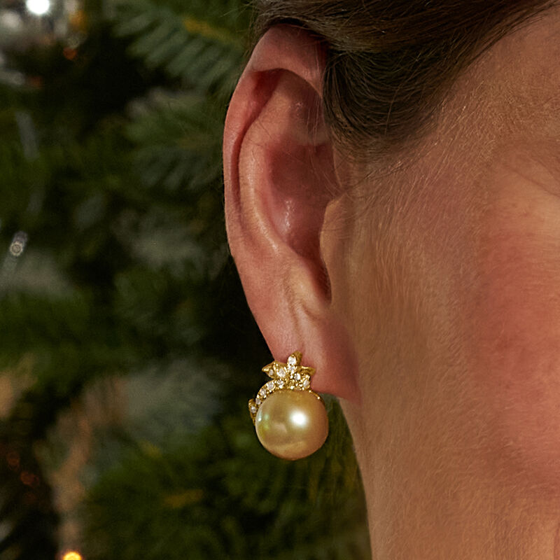 12-12.5mm Golden Cultured South Sea Pearl and .82 ct. t.w. Multicolored Diamond Earrings in 18kt Yellow Gold  image number 2
