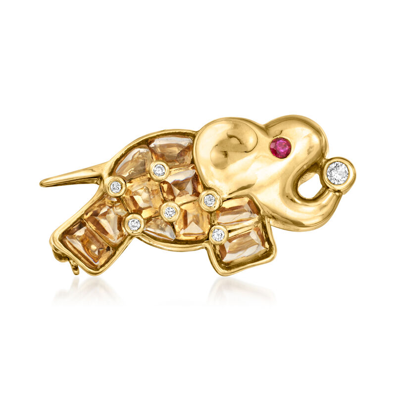 C. 1990 Vintage 2.50 ct. t.w. Citrine and .11 ct. t.w. Diamond Elephant Pin/Pendant Necklace with Single Ruby in 18kt Yellow Gold. 18&quot; image number 3
