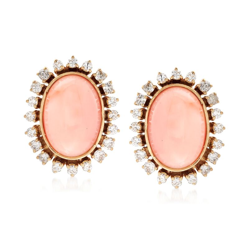 C. 1960 Vintage Pink Coral and 2.00 ct. t.w. Diamond Earrings in 18kt Yellow Gold image number 0
