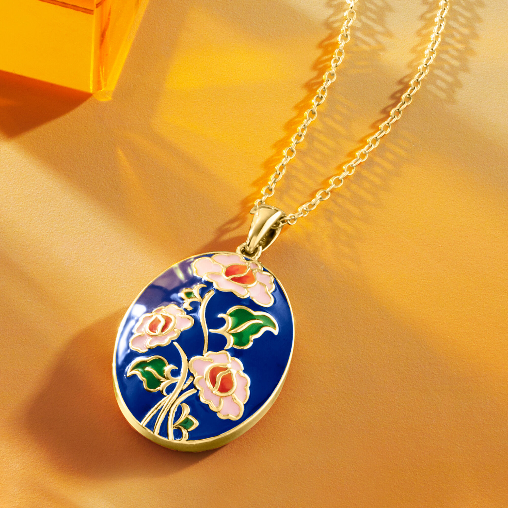 Multicolored Enamel Flower Pendant Necklace in 18kt Gold Over
