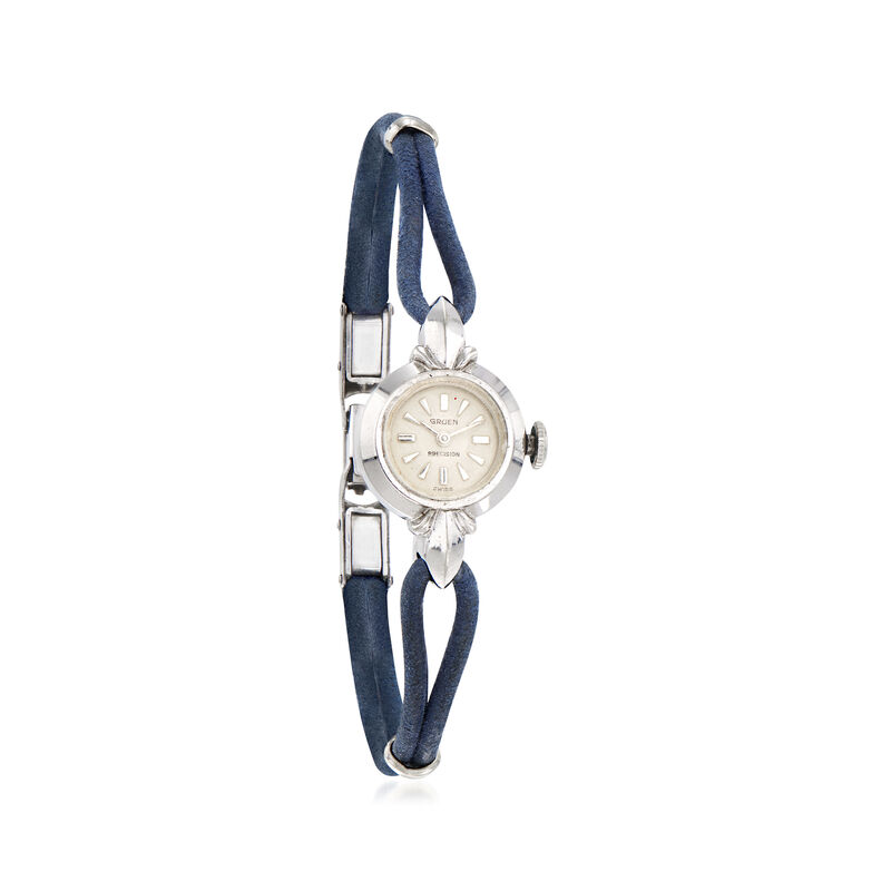 C. 1940 Vintage Gruen Woman's Leather Strap Watch in 14kt White Gold. Size 7 image number 0