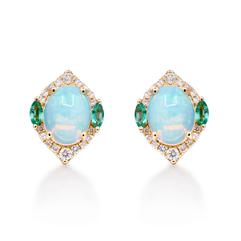 Ethiopian Opal Earrings with .29 ct. t.w. Diamonds and .20 ct. t.w. Emeralds in 14kt Yellow Gold  image number 2