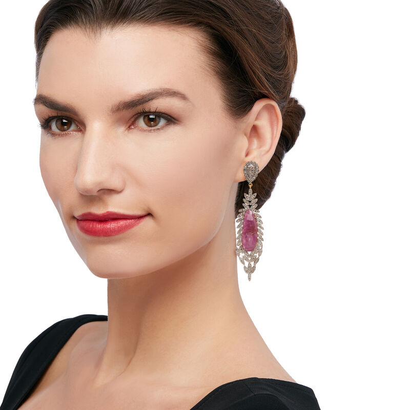 25.00 ct. t.w. Pink Sapphire and 2.40 ct. t.w. Champagne Diamond Drop Earrings in 18kt Gold Over Sterling Silver image number 1