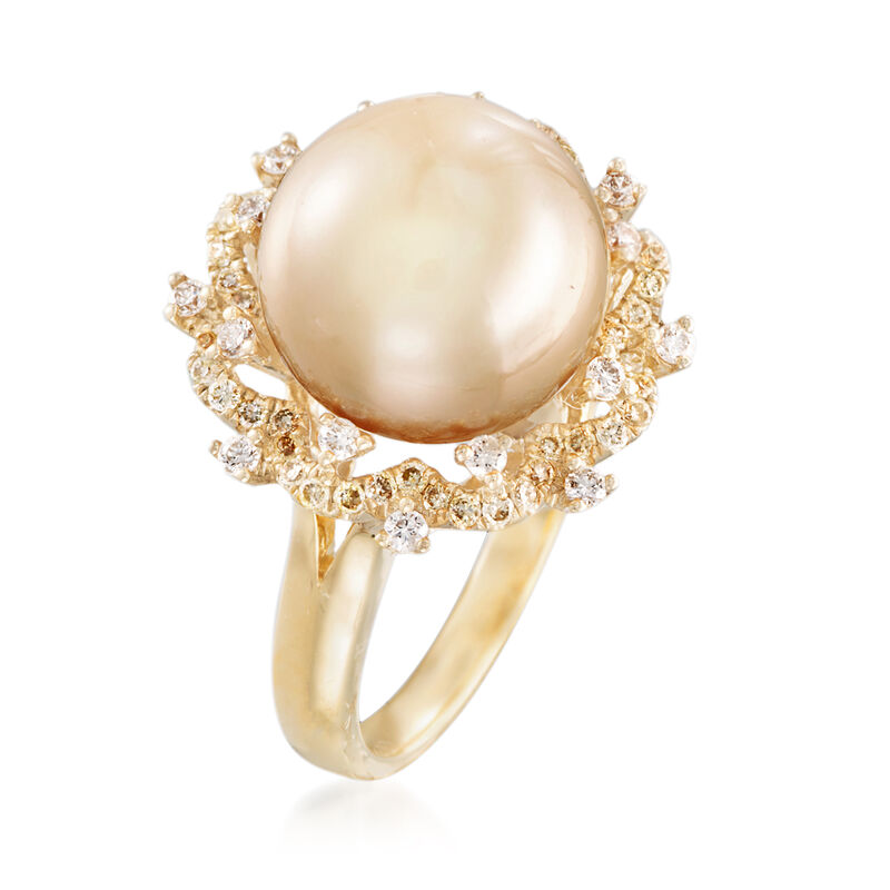 12-12.5mm Golden Cultured South Sea Pearl and Yellow and White Diamond Ring in 18kt Yellow Gold image number 2
