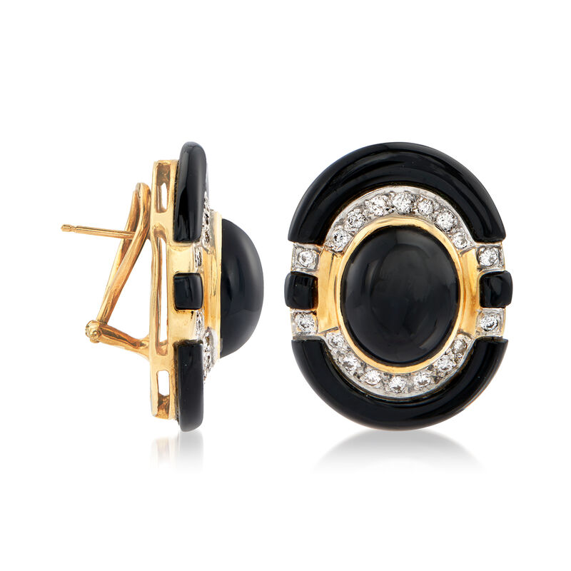 C. 1980 Vintage Black Onyx and .80 ct. t.w. Diamond Earrings in 14kt Yellow Gold image number 2