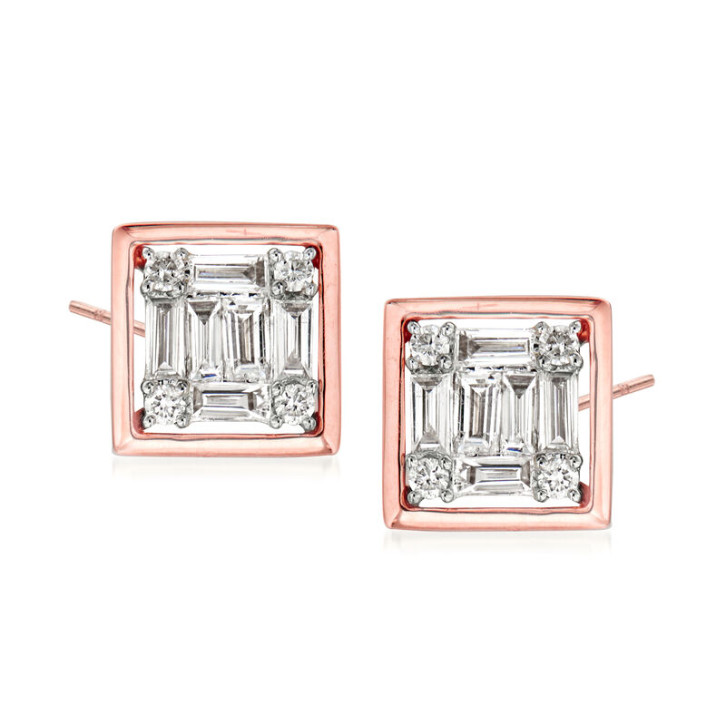 .35 ct. t.w. Round and Baguette Diamond Square Earrings in 18kt Rose Gold image number 0
