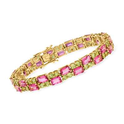 17.00 ct. t.w. Pink Topaz and 6.00 ct. t.w. Peridot Bracelet in 18kt Gold Over Sterling