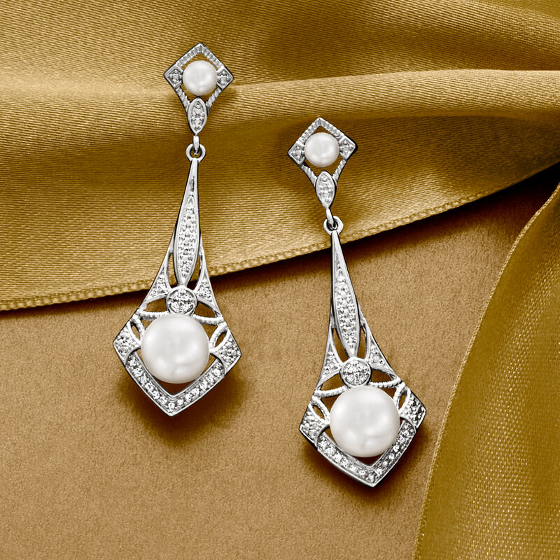 3.5-7.5mm Cultured Pearl and .11 ct. t.w. Diamond Vintage-Style Drop Earrings in Sterling Silver  image number 2