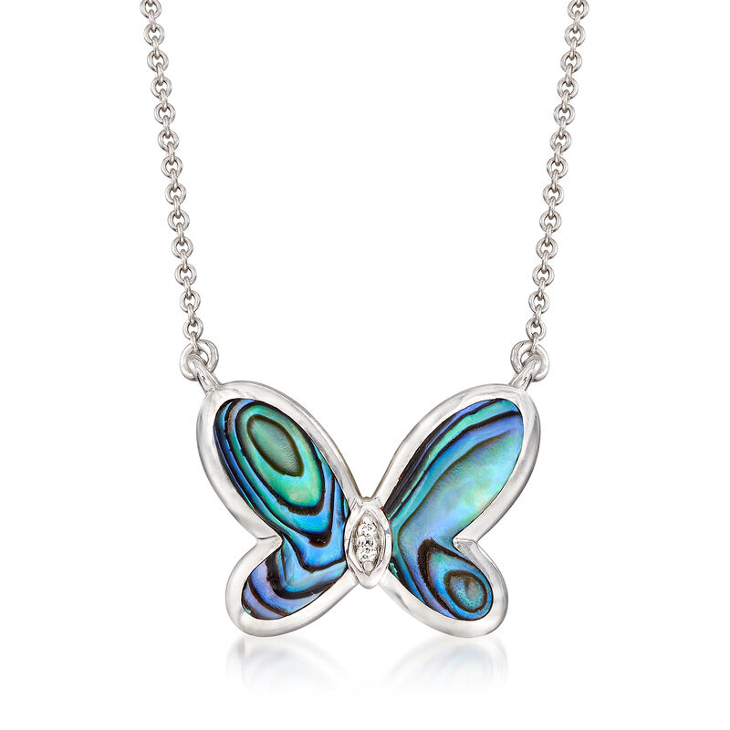Abalone Shell Butterfly Necklace with Diamond Accents in Sterling Silver. 16.5&quot; image number 1