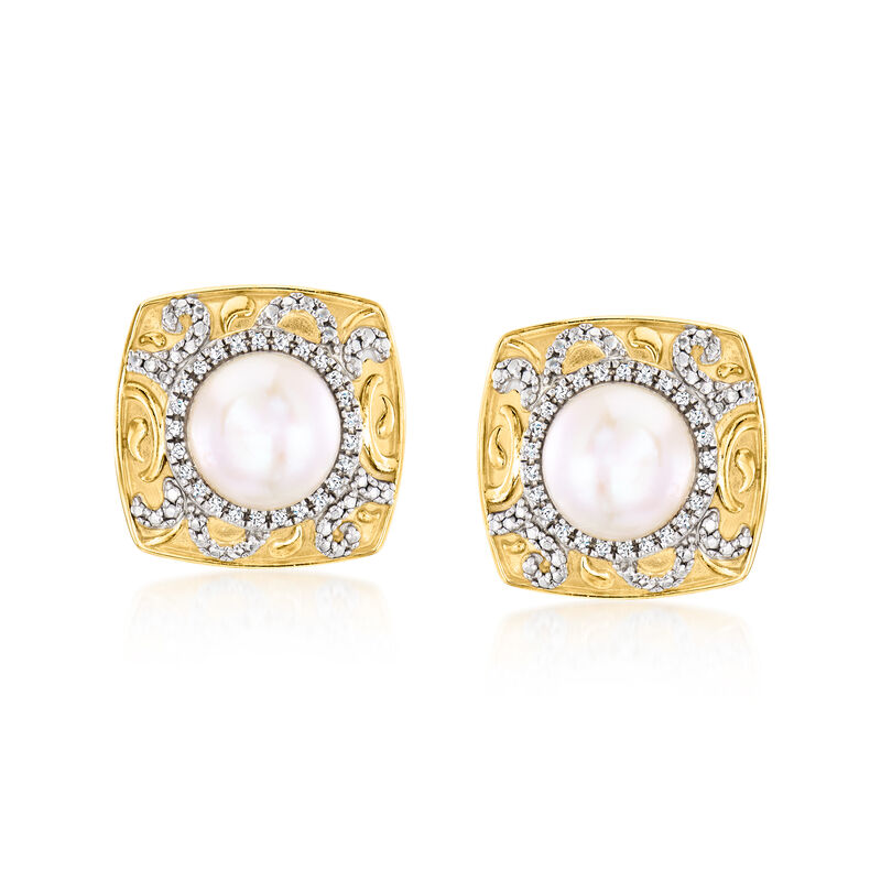 7-7.5mm Cultured Pearl and .11 ct. t.w. Diamond Earrings in 18kt Gold Over Sterling  image number 0