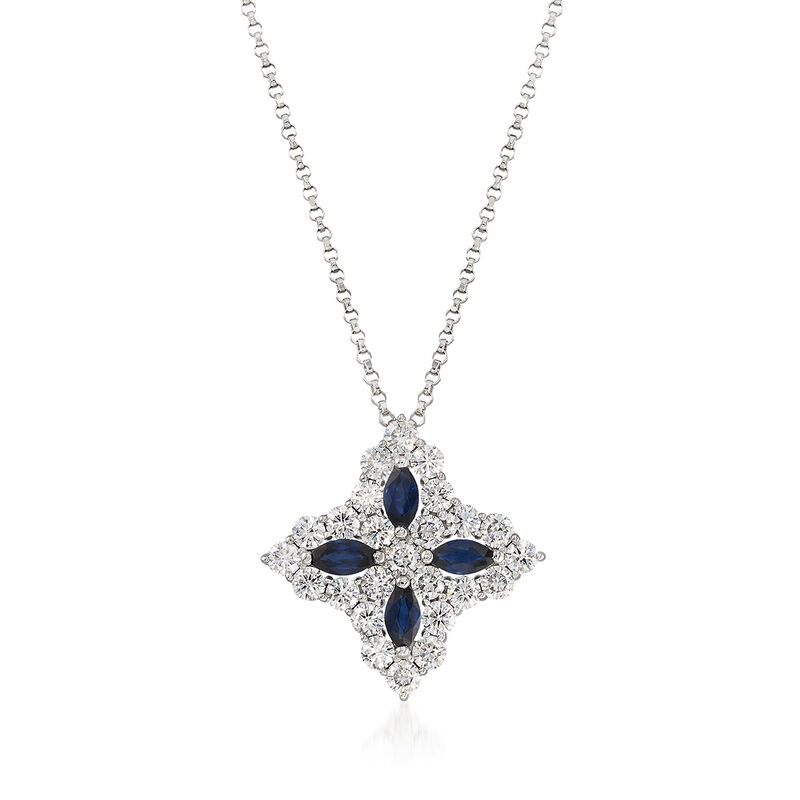 Roberto Coin &quot;Princess Flower&quot; 1.23 ct. t.w. Diamond and .65 ct. t.w. Sapphire Large Flower Pendant Necklace in 18kt White Gold. 16.25&quot; image number 0