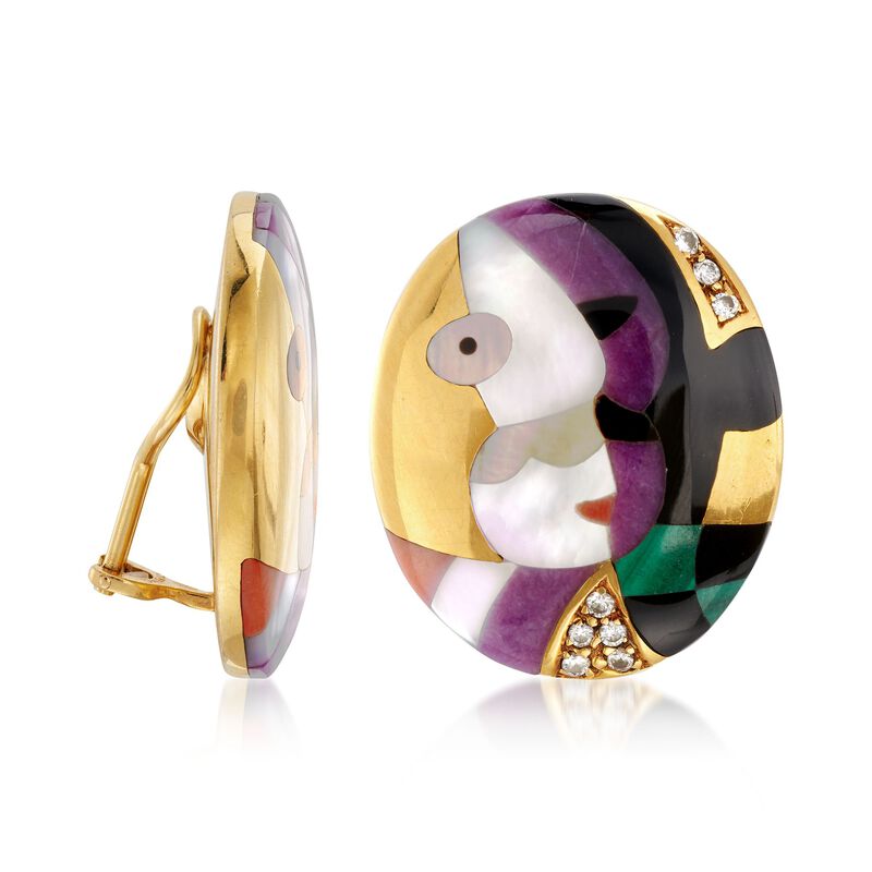 C. 2000 Vintage Asch Grossbardt Multi-Stone and .35 ct. t.w. Diamond Cubism Clip-On Earrings in 18kt Yellow Gold image number 2