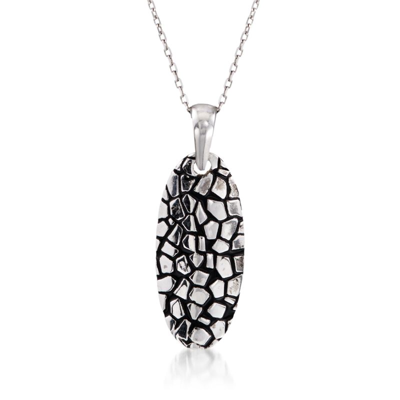 Sterling Silver Cobblestone Oval Pendant Necklace with Black Epoxy image number 0