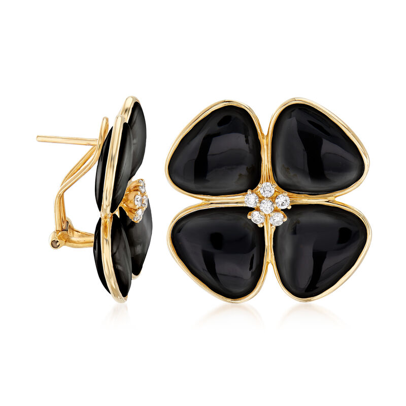 Black Onyx and .42 ct. t.w. Diamond Flower Earrings in 14kt Yellow Gold image number 2