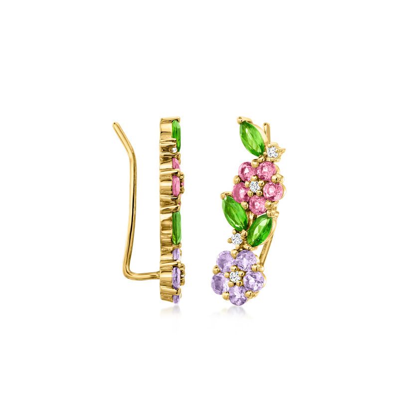 2.40 ct. t.w. Multi-Gemstone Flower Ear Climbers in 18kt Gold Over Sterling  image number 2