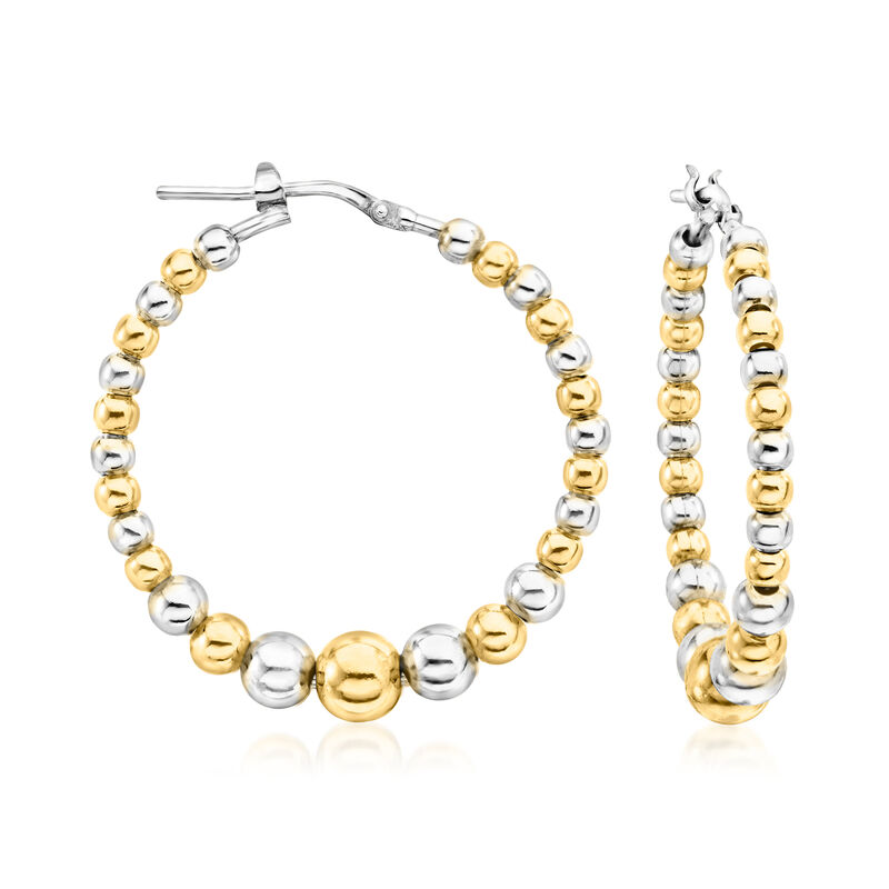 Italian 3-6mm Sterling Silver and 18kt Gold Over Sterling Graduated Bead Hoop Earrings. 1 3/8&quot; image number 0