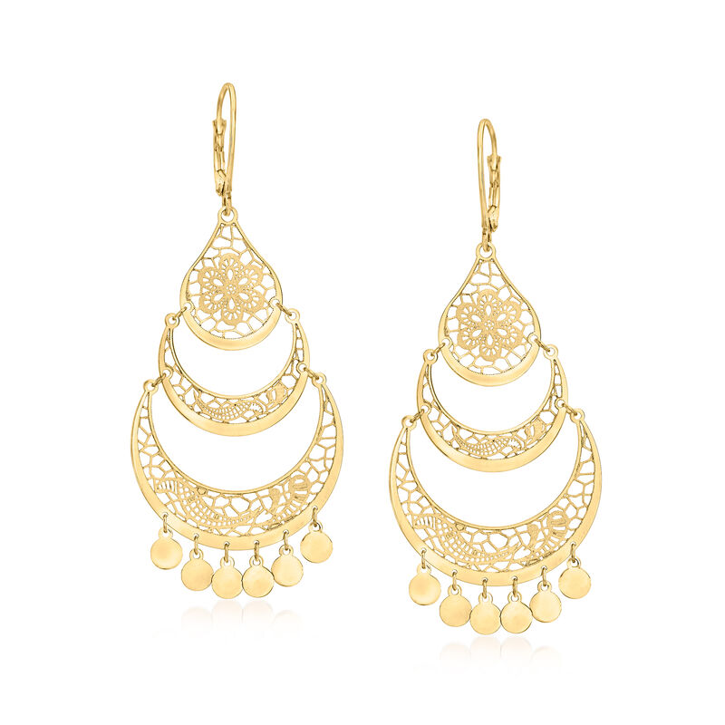 Italian 14kt Yellow Gold Openwork Floral Lace Chandelier Earrings image number 0