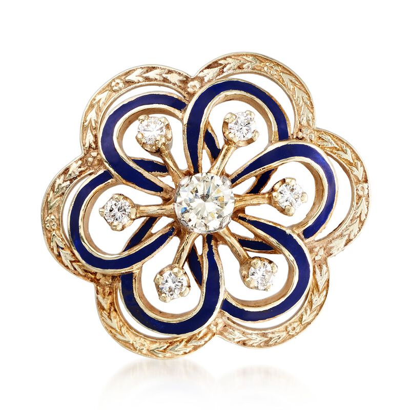 C. 1970 Vintage 1.10 ct. t.w. Diamond and Blue Enamel Open Floral Pin in 14kt Yellow Gold image number 0