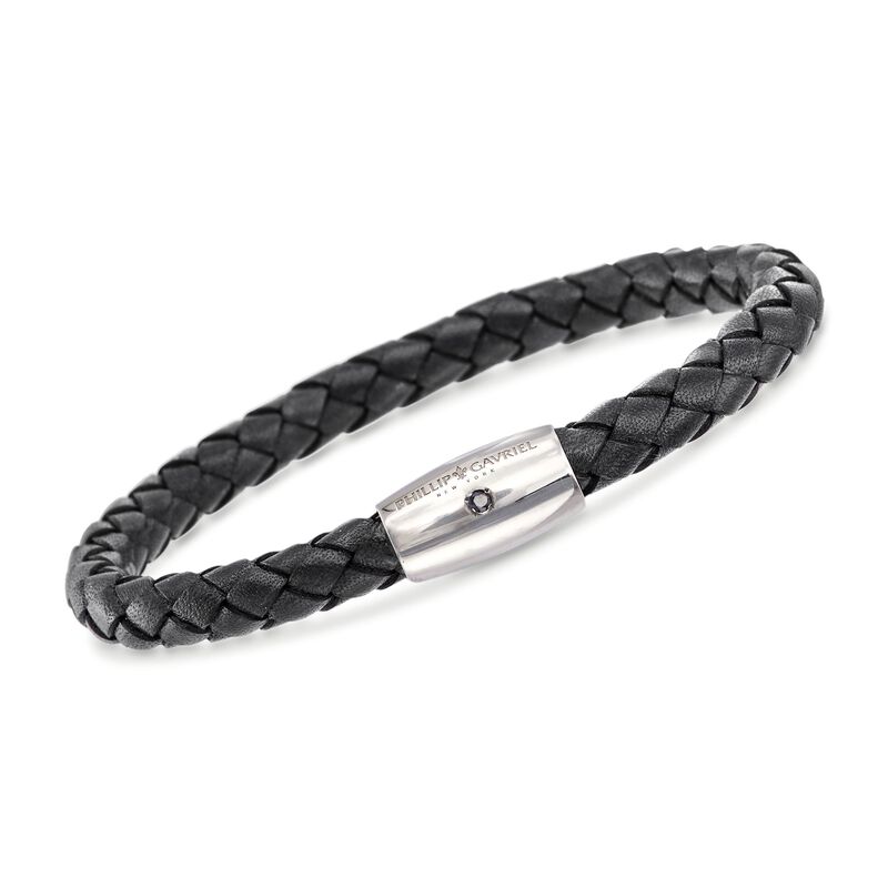 Phillip Gavriel Men's Black Leather Bracelet with Single Sapphire in Sterling Silver. 8&quot; image number 0