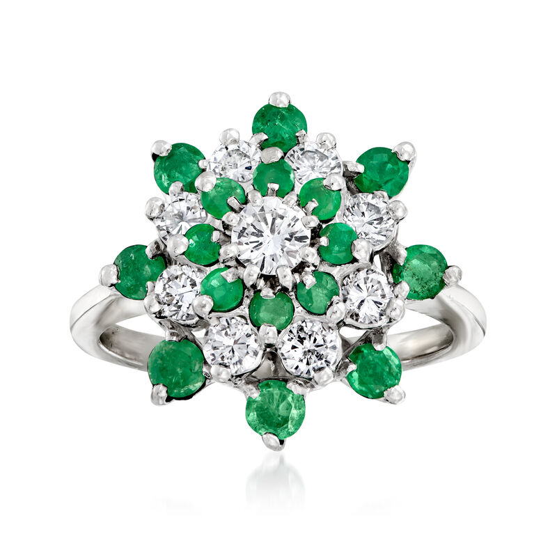 C. 1980 Vintage .90 ct. t.w. Emerald and .85 ct. t.w. Diamond Cluster Ring in 14kt White Gold image number 0