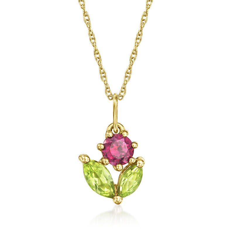 .20 Carat Rhodolite Garnet and .30 ct. t.w. Peridot Flower Pendant Necklace in 14kt Yellow Gold. 16&quot; image number 0