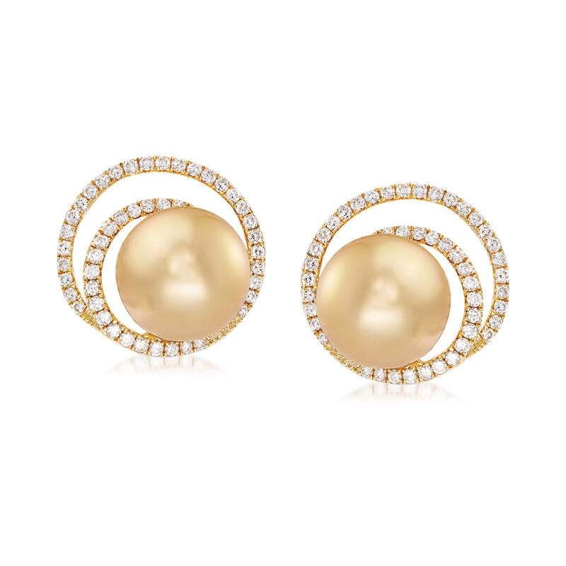 11mm Cultured Golden South Sea Pearl and .80 ct. t.w. Diamond Swirl Earrings in 18kt Yellow Gold image number 0