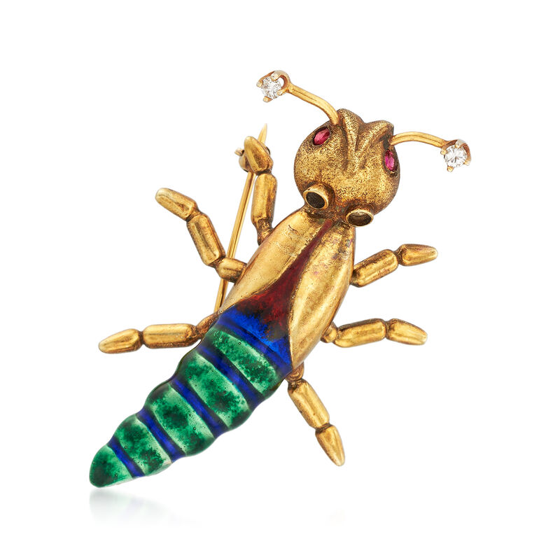 C. 1960 Vintage .15 ct. t.w. Ruby and .10 ct. t.w. Diamond Insect Pin with Multicolored Enamel in 14kt Yellow Gold image number 0