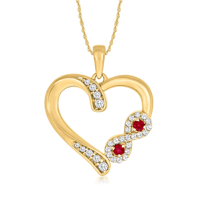 .14 ct. t.w. Diamond Heart and Infinity Symbol Pendant Necklace with Rubies in 14kt Yellow Gold. 18&quot; image number 0