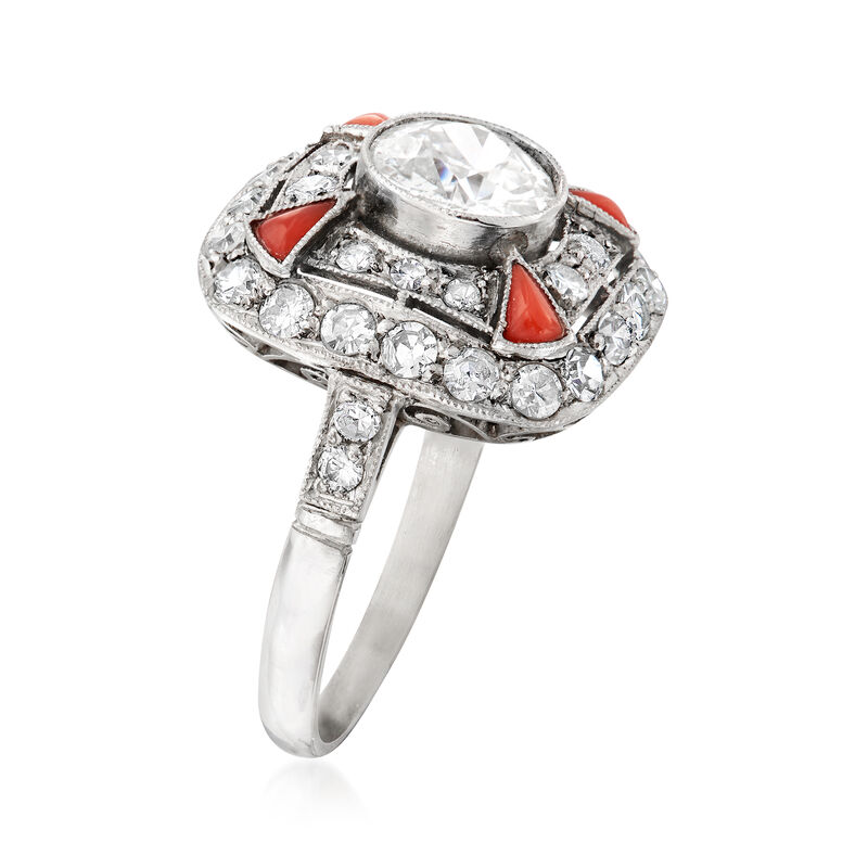 C. 1960 Vintage Orange Jade and 1.85 ct. t.w. Diamond Ring in 18kt White Gold. Size 6.75 image number 2