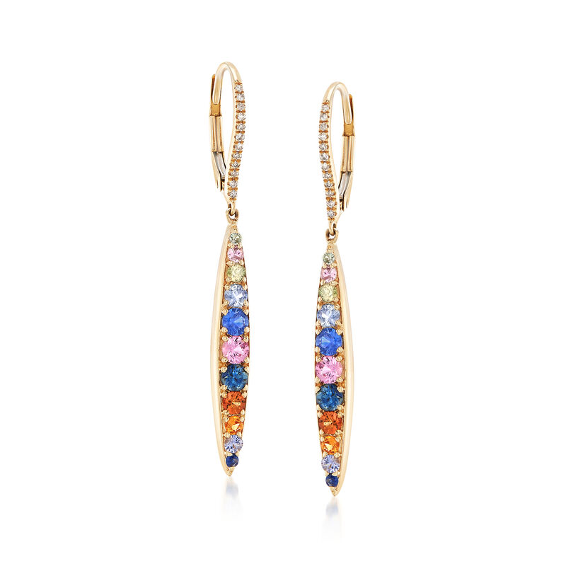 1.30 ct. t.w. Multicolored Sapphire Drop Earrings with Diamond Accents in 14kt Yellow Gold image number 0